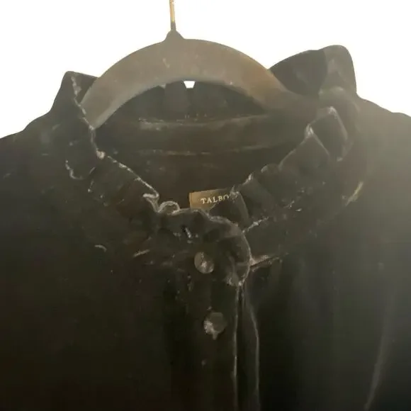 Talbots Black Velvet Long-Sleeve Blouse Ruffled Mandarin Collar Sz L Holiday - Picture 12 of 16
